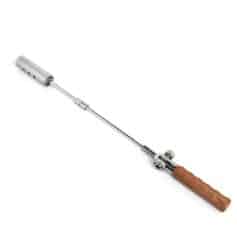 Metal medical instrument with wooden handle for ophthalmic surgery or diagnostics.