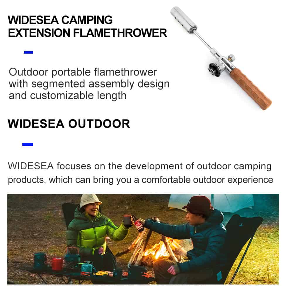 Portable outdoor flamethrower for camping, with segmented assembly and customizable length, ideal for outdoor activities and camping trips.