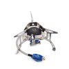 Gas camping stove with portable design for outdoor cooking, lightweight and compact for travel and camping use.