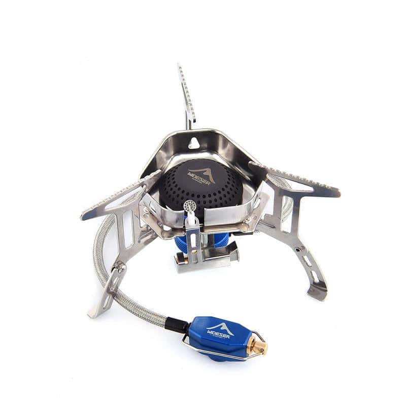 Gas camping stove with portable design for outdoor cooking, lightweight and compact for travel and camping use.