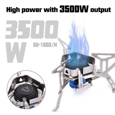 Lightweight portable camping gas stove with high power 3500W, suitable for outdoor cooking and backpacking, featuring adjustable flame control and durable stainless steel design.