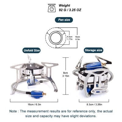Stove portable camping gas burner with compact design, lightweight and easy to carry, ideal for outdoor cooking, camping, and hiking. Fits small pans and has a collapsible stand for convenience.