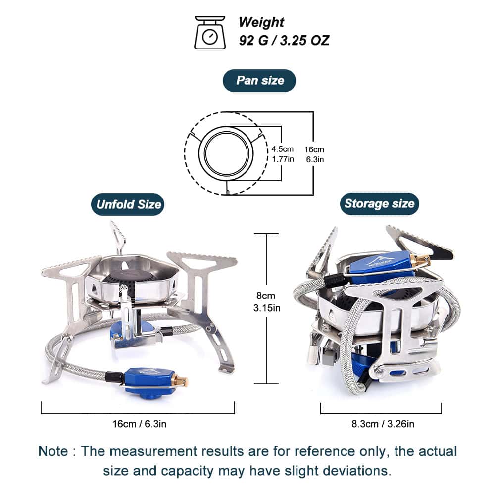 Stove portable camping gas burner with compact design, lightweight and easy to carry, ideal for outdoor cooking, camping, and hiking. Fits small pans and has a collapsible stand for convenience.