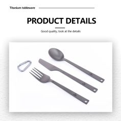 Stainless steel titanium tableware set including fork, spoon, and knife with a carabiner clip, ideal for camping and outdoor dining. Durable, lightweight, and rust-resistant for everyday use.