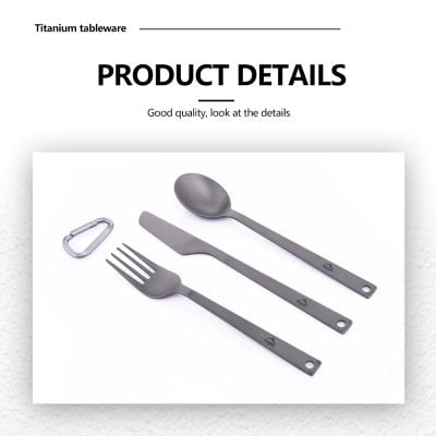 Stainless steel titanium tableware set including fork, spoon, and knife with a carabiner clip, ideal for camping and outdoor dining. Durable, lightweight, and rust-resistant for everyday use.