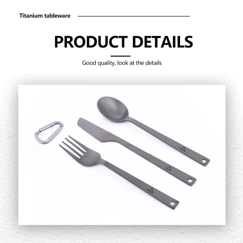Stainless steel titanium tableware set including fork, spoon, and knife with a carabiner clip, ideal for camping and outdoor dining. Durable, lightweight, and rust-resistant for everyday use.