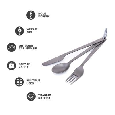Stainless steel outdoor tableware set including spoon, fork, and knife for camping and picnics, lightweight and durable titanium material, easy to carry, versatile for various outdoor dining needs.