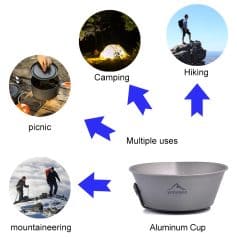 Stainless steel camping bowl for outdoor activities such as hiking, picnics, camping, and mountaineering, ideal for versatile use in adventure and travel settings.