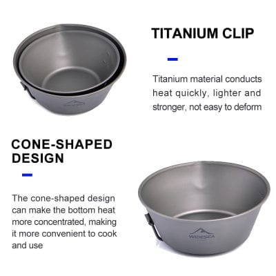 Stainless steel cooking bowl with titanium clip, ideal for outdoor camping and stovetop use, featuring a cone-shaped design for better heat concentration, durable material, lightweight, and easy to carry for outdoor enthusiasts.