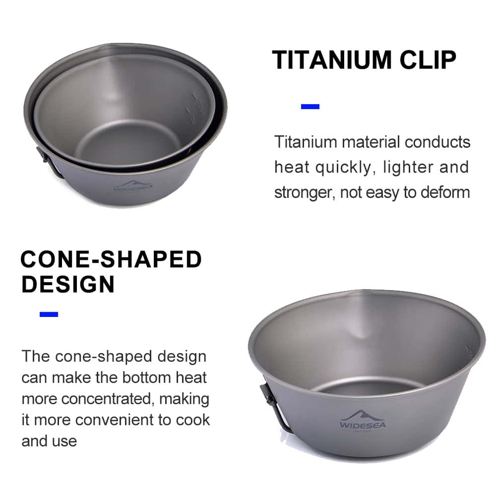 Stainless steel cooking bowl with titanium clip, ideal for outdoor camping and stovetop use, featuring a cone-shaped design for better heat concentration, durable material, lightweight, and easy to carry for outdoor enthusiasts.