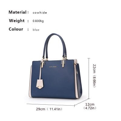 Elegant blue leather handbag for women with gold-tone hardware, perfect for stylish everyday use or special occasions. Spacious and durable, a must-have fashion accessory for modern women.