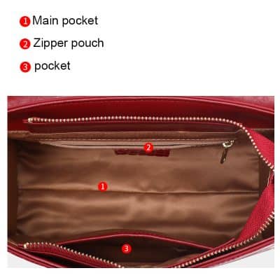 Premium leather handbag with multiple compartments, including main pocket, zipper pouch, and additional pockets for organization, perfect for daily use and travel.