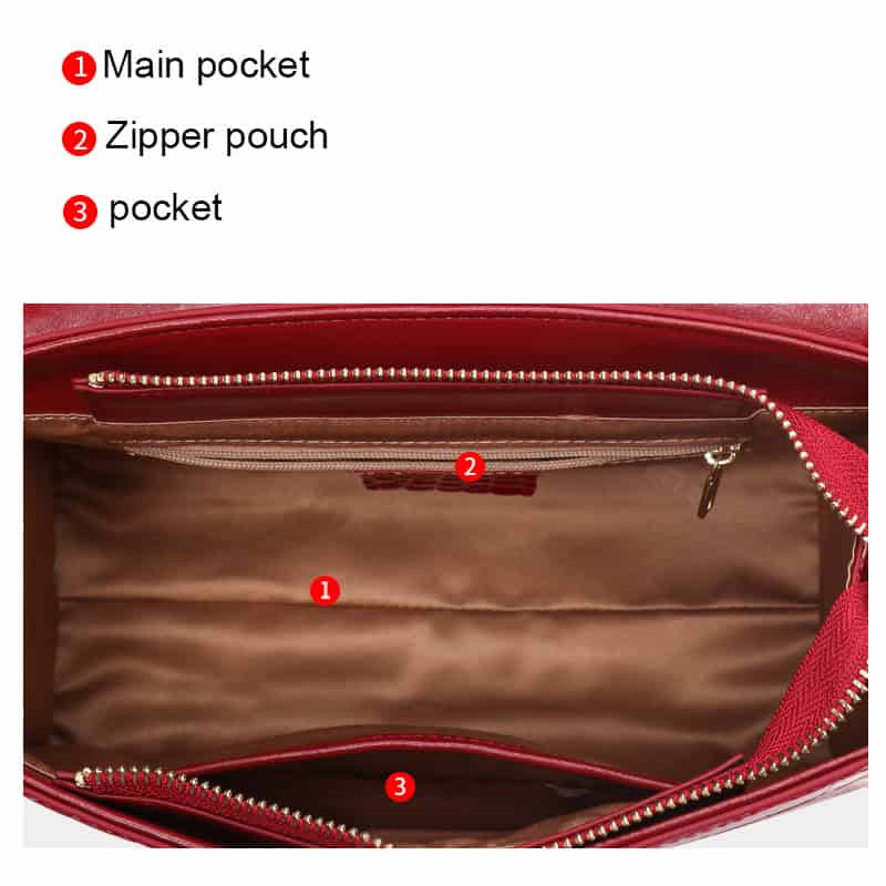 Premium leather handbag with multiple compartments, including main pocket, zipper pouch, and additional pockets for organization, perfect for daily use and travel.