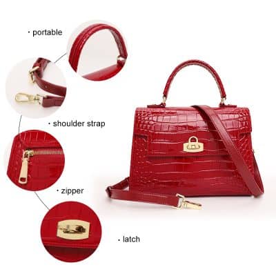 Red crocodile-patterned leather handbag with a gold lock, featuring a shoulder strap, zippered pocket, and portable handle for versatile style and function.