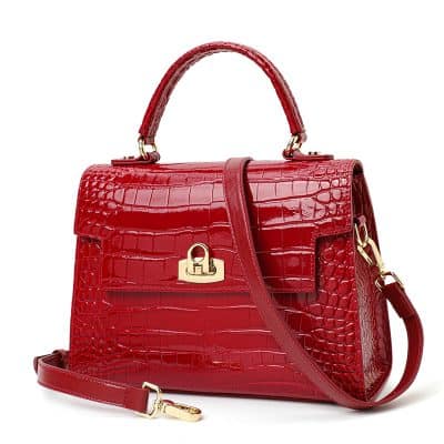 Red crocodile leather handbag for women with gold hardware and top handle, luxury fashion accessory from Monalisa Store.