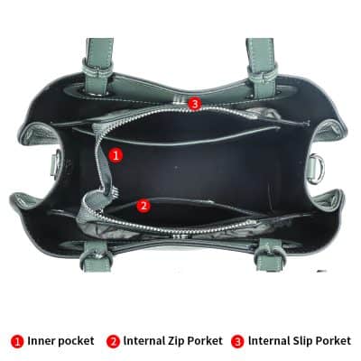 Spacious and organized bag interior showcasing multiple compartments, including an inner pocket, internal zip pocket, and internal slip pocket, ideal for stylish storage solutions.