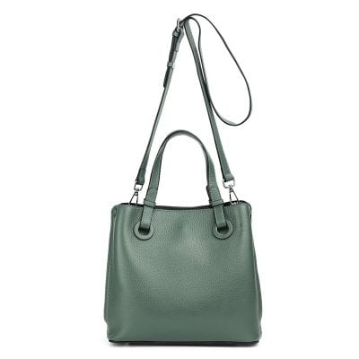 Green leather handbag with dual handles and adjustable shoulder strap, suitable for professional and casual use.