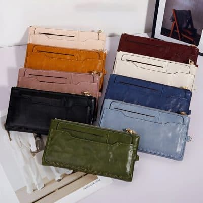 Colorful leather wallets display in Monalisa Medical store, showcasing stylish and durable accessories perfect for everyday use and fashion statements.