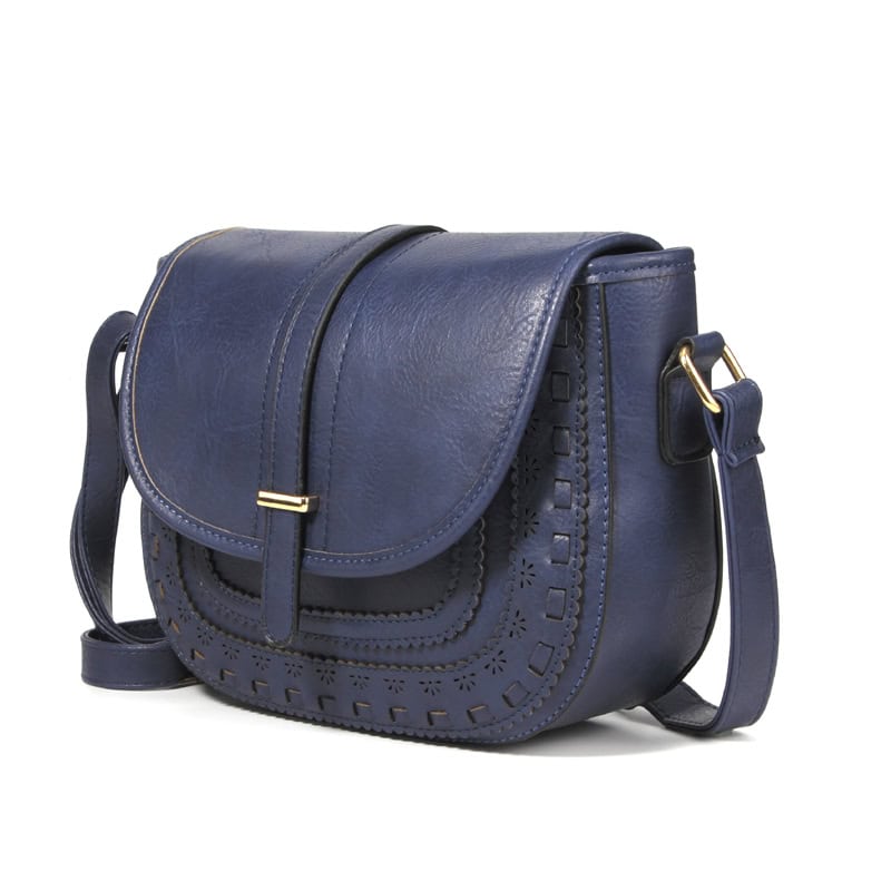 Elegant navy blue leather crossbody bag featuring intricate cut-out designs and gold-tone hardware for stylish, functional accessories.