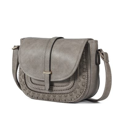 Stylish gray leather shoulder bag with intricate cutout design, perfect for casual or formal occasions, combining elegance and functionality for everyday use.