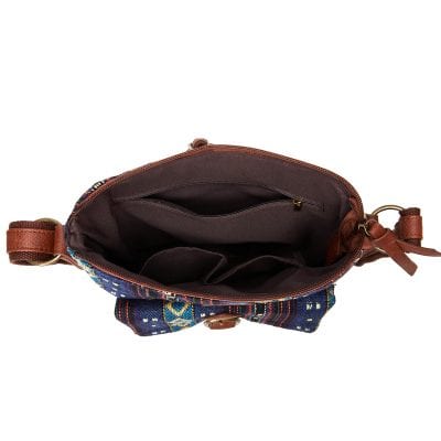 Colorful embroidered crossbody bag with leather strap and multiple interior compartments for convenient storage. Perfect for daily use, travel, or shopping at Monalisa Medical Store.