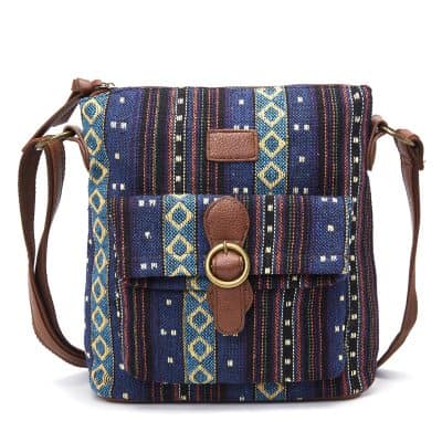 Colorful woven fabric shoulder bag with leather accents, ideal for stylish accessories and eye-catching travel gear.