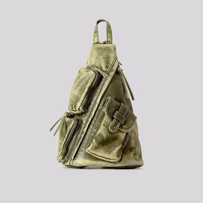 Stylish olive green sling bag with multiple zippered compartments, perfect for travel or everyday use. Durable and trendy, ideal for carrying essentials in a fashionable way.