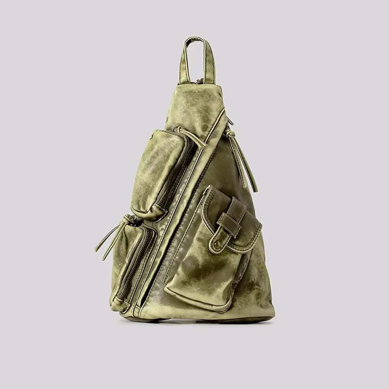 Stylish olive green sling bag with multiple zippered compartments, perfect for travel or everyday use. Durable and trendy, ideal for carrying essentials in a fashionable way.