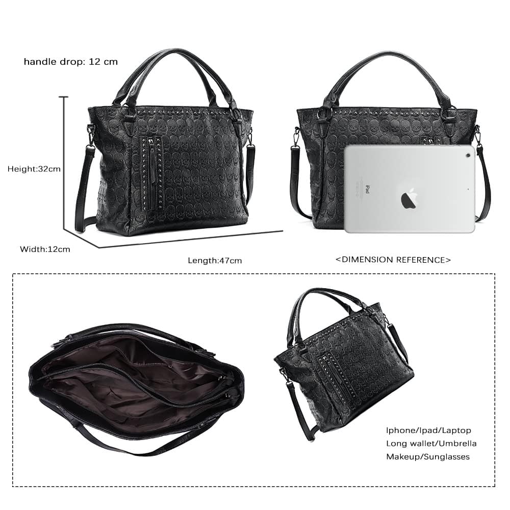 Versatile black leather tote bag with embossed design, spacious interior for daily essentials, ideal for carrying iPhone, iPad, laptop, umbrella, makeup, sunglasses; stylish and functional.