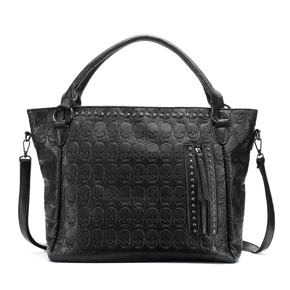 Skull embossed black leather handbag with studded zipper detail and adjustable strap, ideal for fashion-forward accessories.
