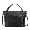 Black skull embossed leather handbag with studs and zipper detail, stylish women's tote bag for fashion and accessories.