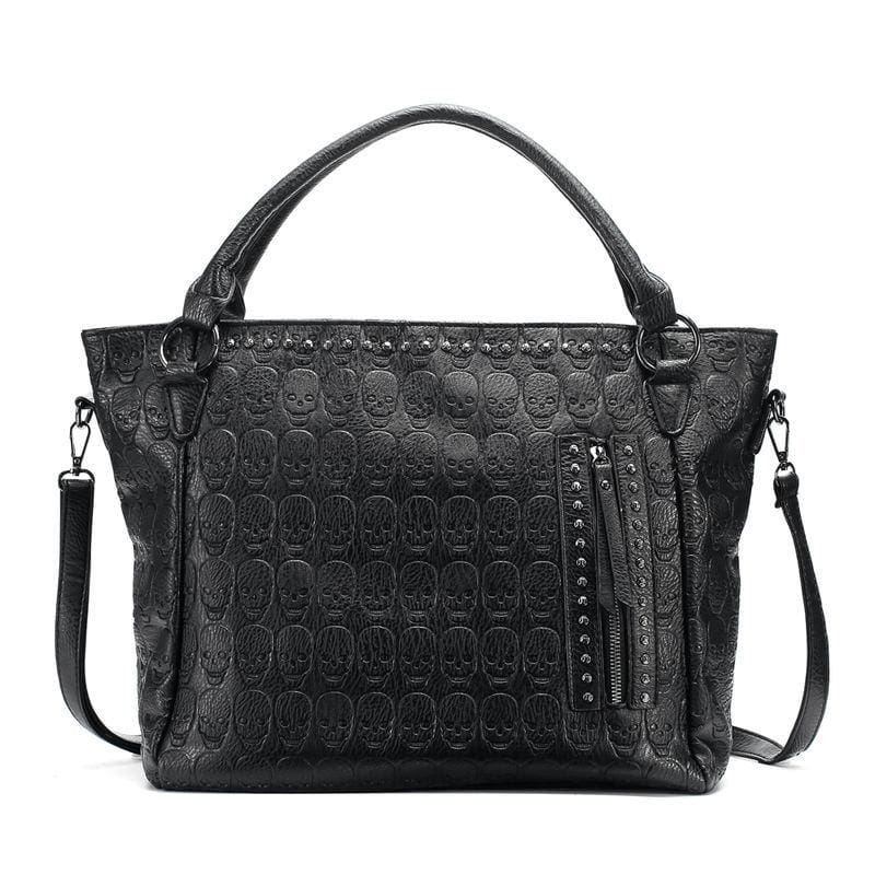 Black skull embossed leather handbag with studs and zipper detail, stylish women's tote bag for fashion and accessories.
