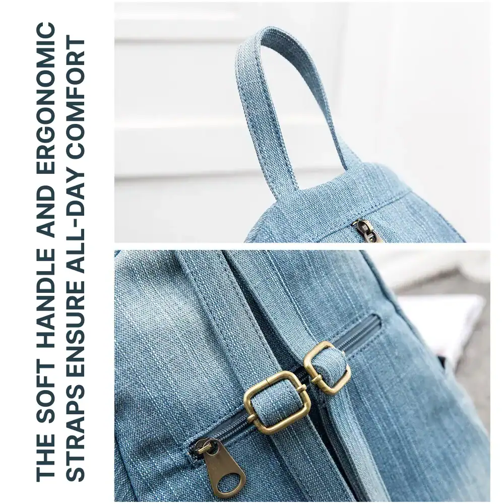 Grey denim tote bag with zipper pockets, ideal for everyday use and travel, stylish and functional, perfect for women on the go.