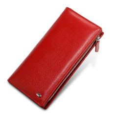 Elegant red leather wallet suitable for women and men, featuring a secure zipper and spacious compartments, perfect for everyday use and fashion accessories.