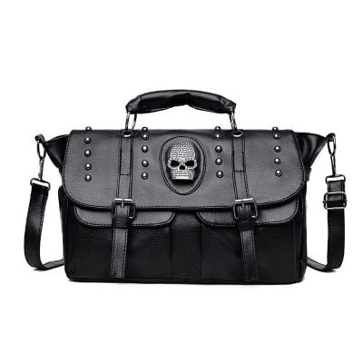 Black leather fashion bag with skull embellishment and metal studs, perfect for stylish accessories and statement looks.