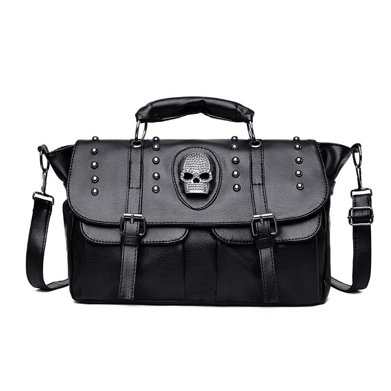 Black leather fashion bag with skull embellishment and metal studs, perfect for stylish accessories and statement looks.