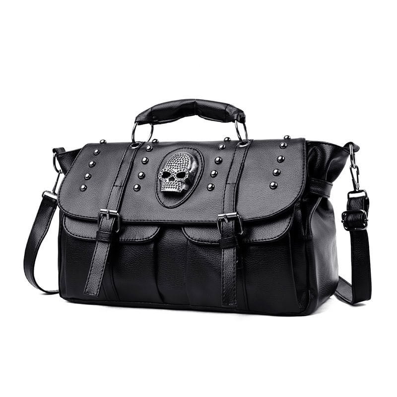 Stylish black leather handbag with skull embellishment, metal studs, adjustable shoulder strap, perfect for fashion-forward accessories.
