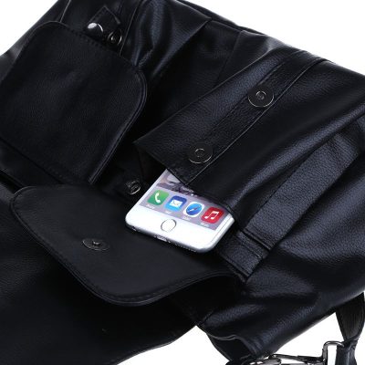 Luxury black leather handbag with smartphone and small pouch, stylish accessory for women, perfect for carrying essentials, fashionable and functional daily bag for women on the go.