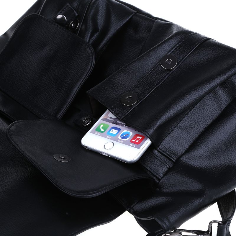 Luxury black leather handbag with smartphone and small pouch, stylish accessory for women, perfect for carrying essentials, fashionable and functional daily bag for women on the go.