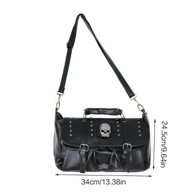 Premium black leather fashion shoulder bag with skull embellishment, adjustable strap, and multiple compartments, perfect for trendy accessories and stylish everyday use.