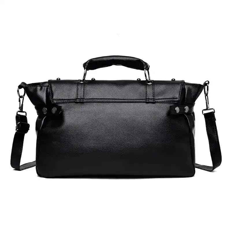 Black leather briefcase, professional business bag with shoulder strap for men and women, sleek and stylish design.