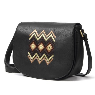 Stylish black leather shoulder bag with colorful geometric embroidery, perfect for everyday wear and accessorizing, available at Monalisa Store.