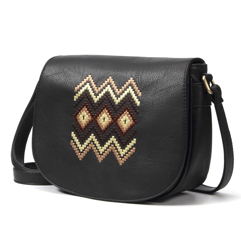Stylish black leather shoulder bag with colorful geometric embroidery, perfect for everyday wear and accessorizing, available at Monalisa Store.