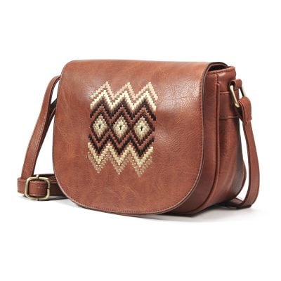 Faded brown leather crossbody bag with embroidered geometric design, perfect for stylish women, ideal for daily use and travel.