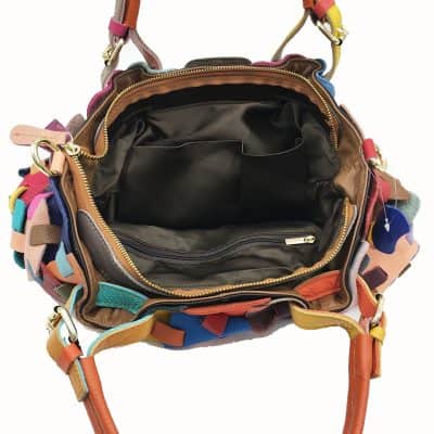 Colorful designer handbag with spacious interior, multiple compartments, and high-quality craftsmanship, perfect for fashion-forward individuals and everyday use.