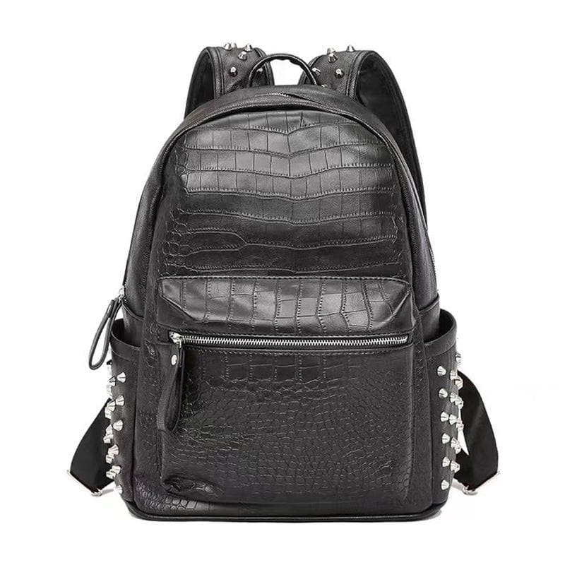 Stylish black crocodile-embossed leather backpack with silver studs, ideal for fashion-forward students and professionals, blending luxury with functional design.