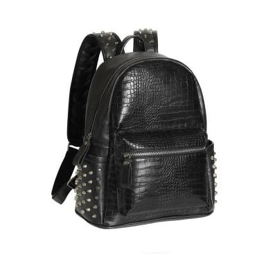 Black faux crocodile leather backpack with silver stud accents, stylish and functional for everyday use. Perfect for fashion-forward individuals seeking trendy, durable handbags.