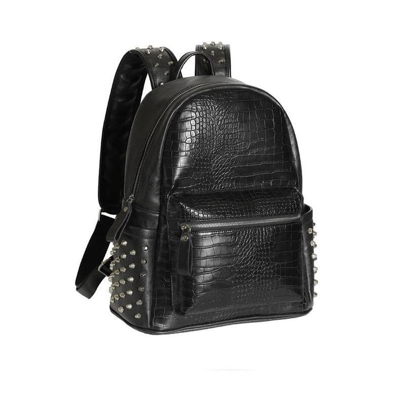 Black faux crocodile leather backpack with silver stud accents, stylish and functional for everyday use. Perfect for fashion-forward individuals seeking trendy, durable handbags.