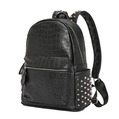 Black faux crocodile leather backpack with silver stud embellishments, multiple compartments, and adjustable straps, perfect for stylish daily use or travel.