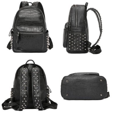 Black studded leather backpack with crocodile texture, stylish and functional for daily use.